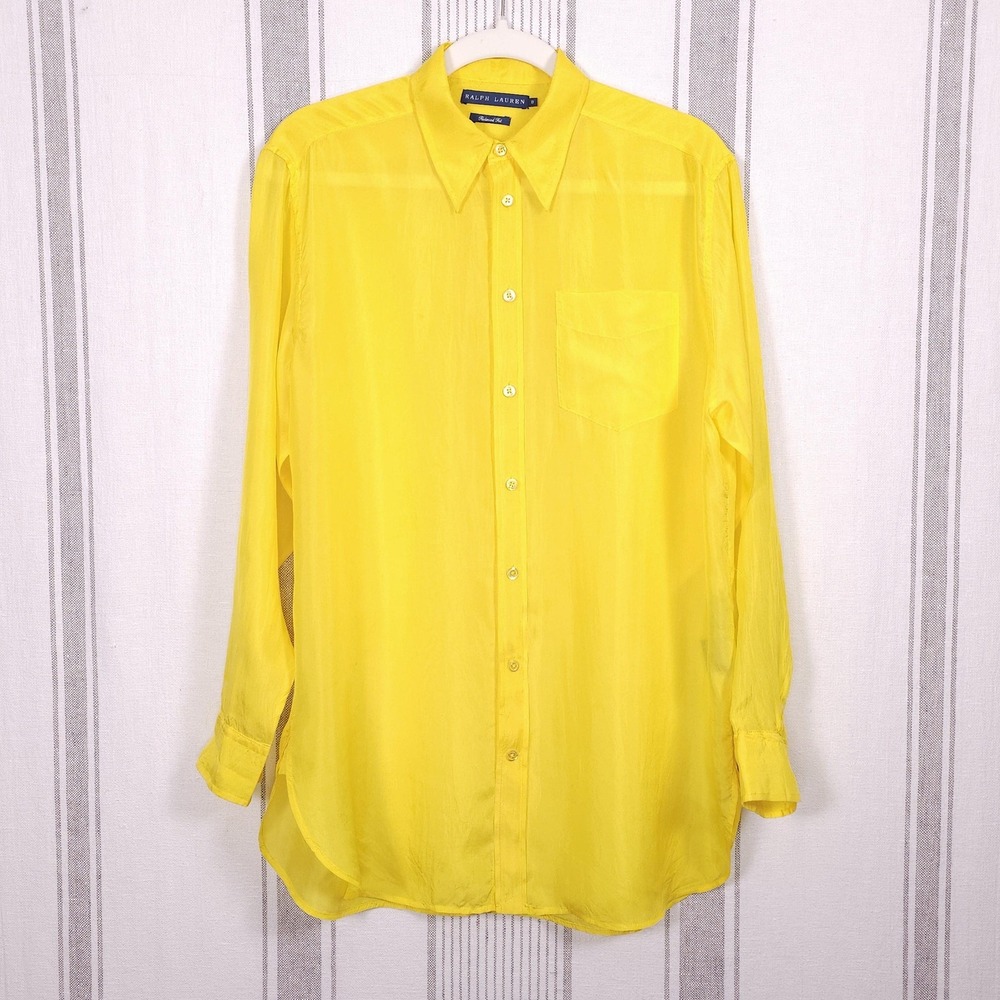 Ralph Lauren Shirt Womens 8 Yellow Mulberry Silk Relaxed Fit Button Front Blouse